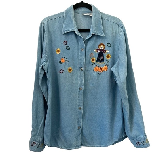 Vintage Falls Creek Fall Scarecrow Embroidered Denim Chambray Button Down Shirt - Picture 1 of 6